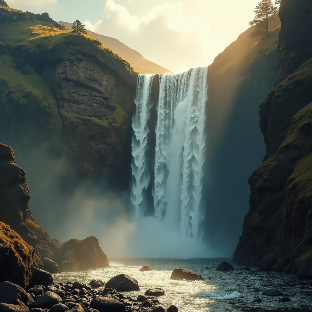 Majestic Waterfall Cascades in Golden Light