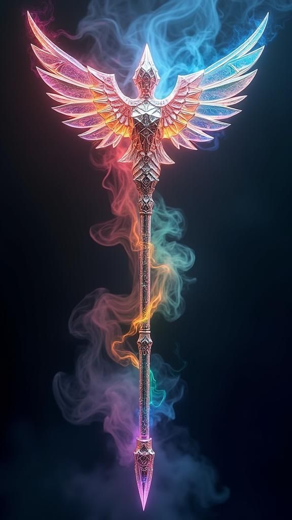 Surreal Iridescent Bismuth Staff with Angelic Winged Headpie...