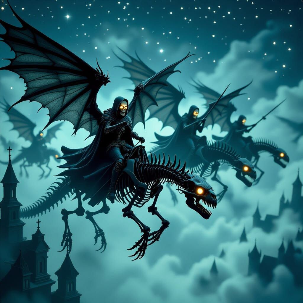 Skeletal Knights on Bone Wyrms in Gothic Cinematic Style