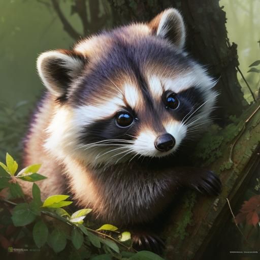Adorable Raccoon Cub in Watercolor Forest Scene