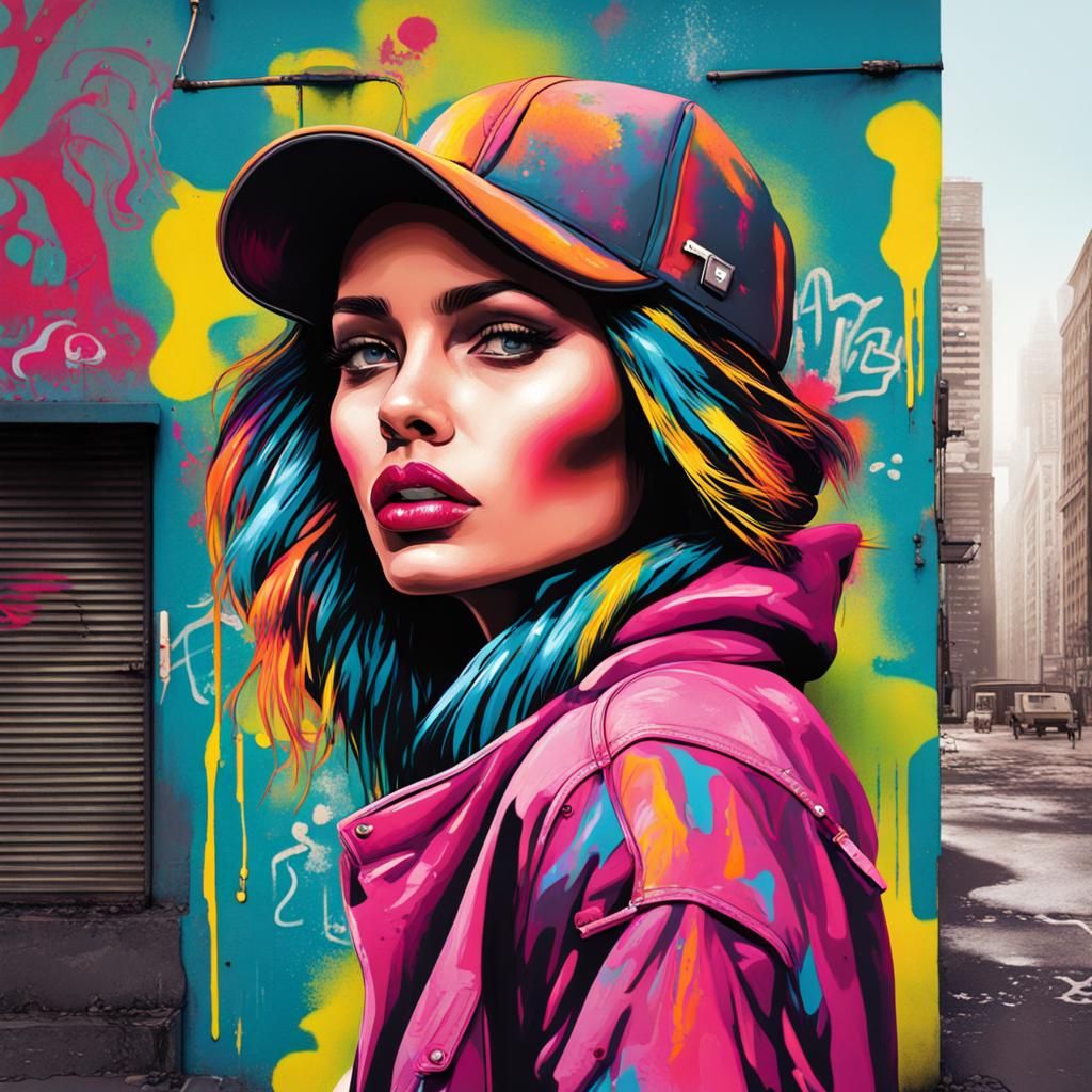 1980s Graffiti Art: Woman in City, Splash Art Style