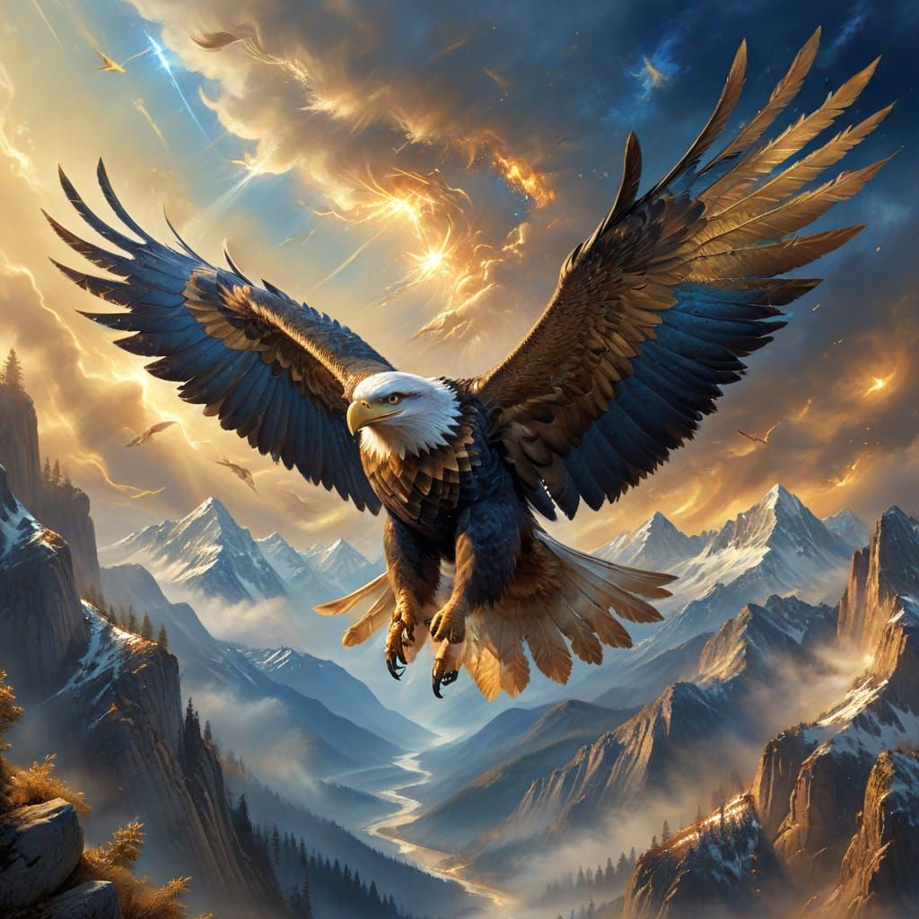 Majestic Eagle Soaring Through Misty Mountains
