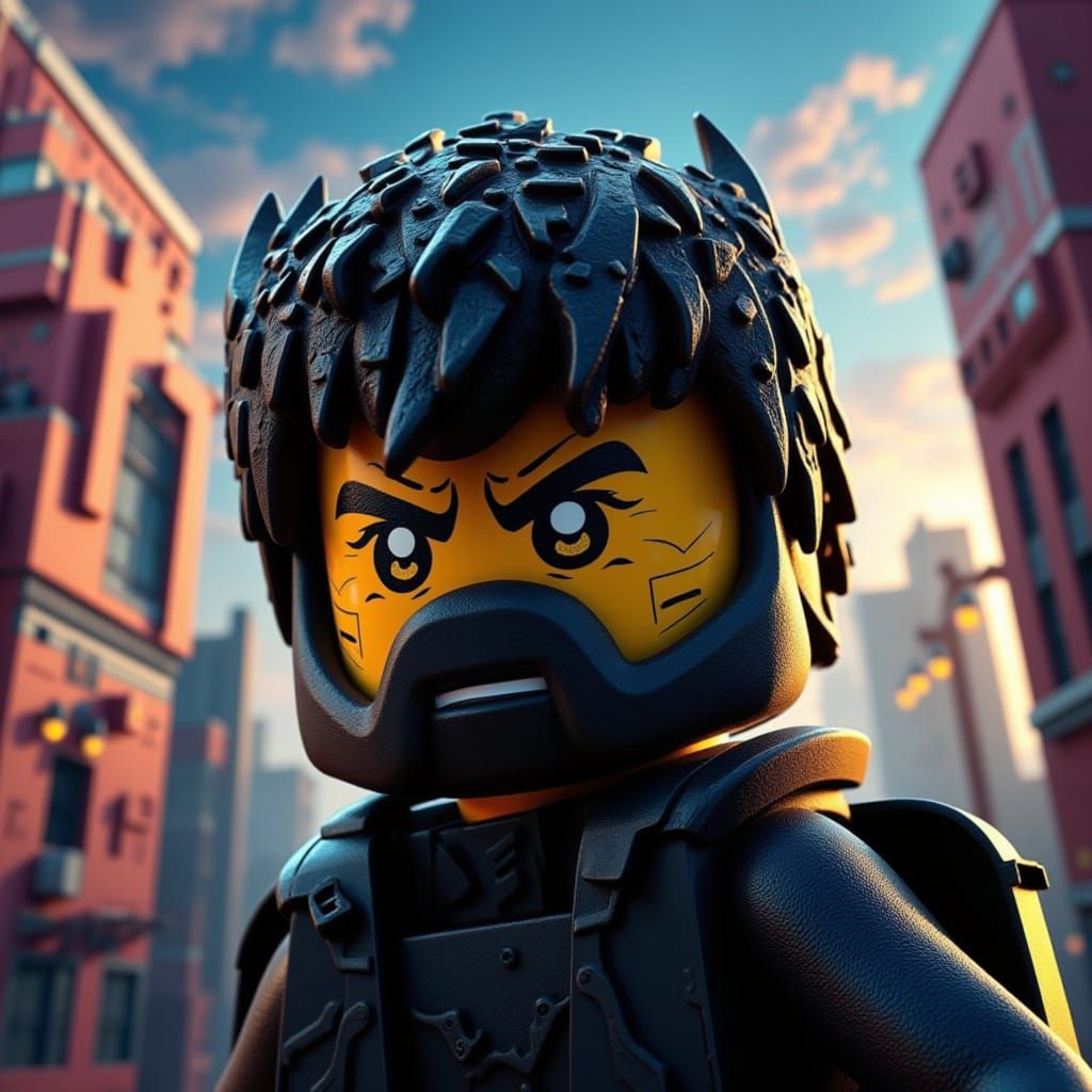 LEGO Vigilante Minifigure in Cityscape Animation Style