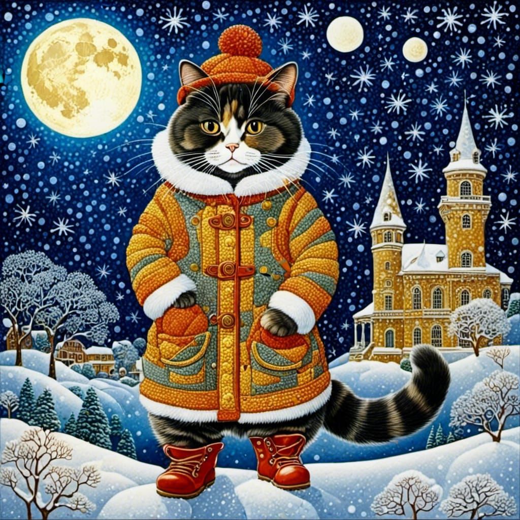 Cat in Boots Walks on Snowy Evening