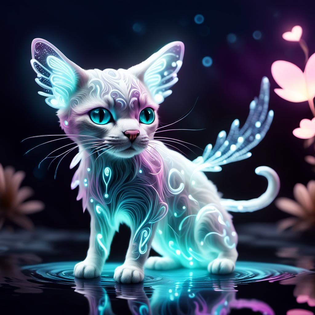 Bioluminescent Fairy Cat with Glowing Wings