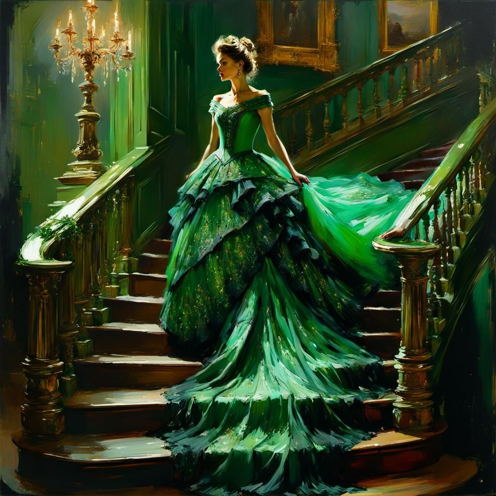 Elegant Woman in Green Victorian Gown