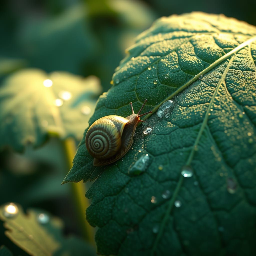 Surreal Burdock Leaf in Dewy, Snail-Adorned 3D Masterpiece