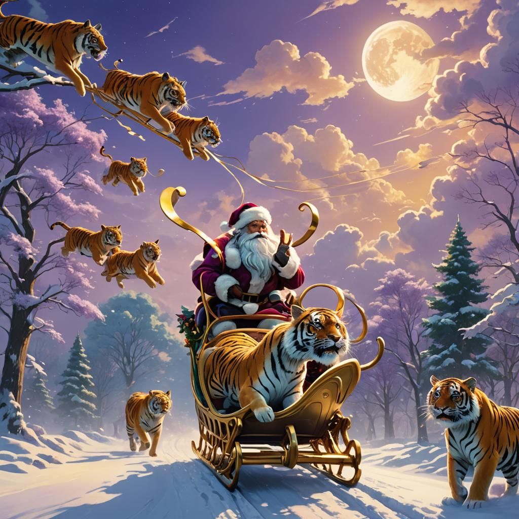 Santa's Sleigh Pulled by Tigers in Golden Light