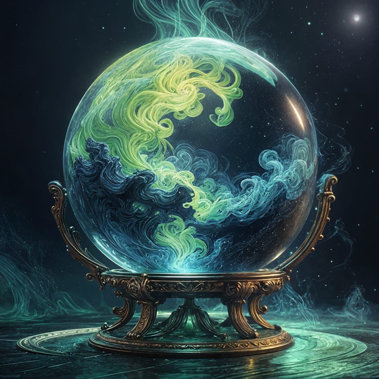 Crystal Ball Radiating Neon Smoke as Impasto Painting