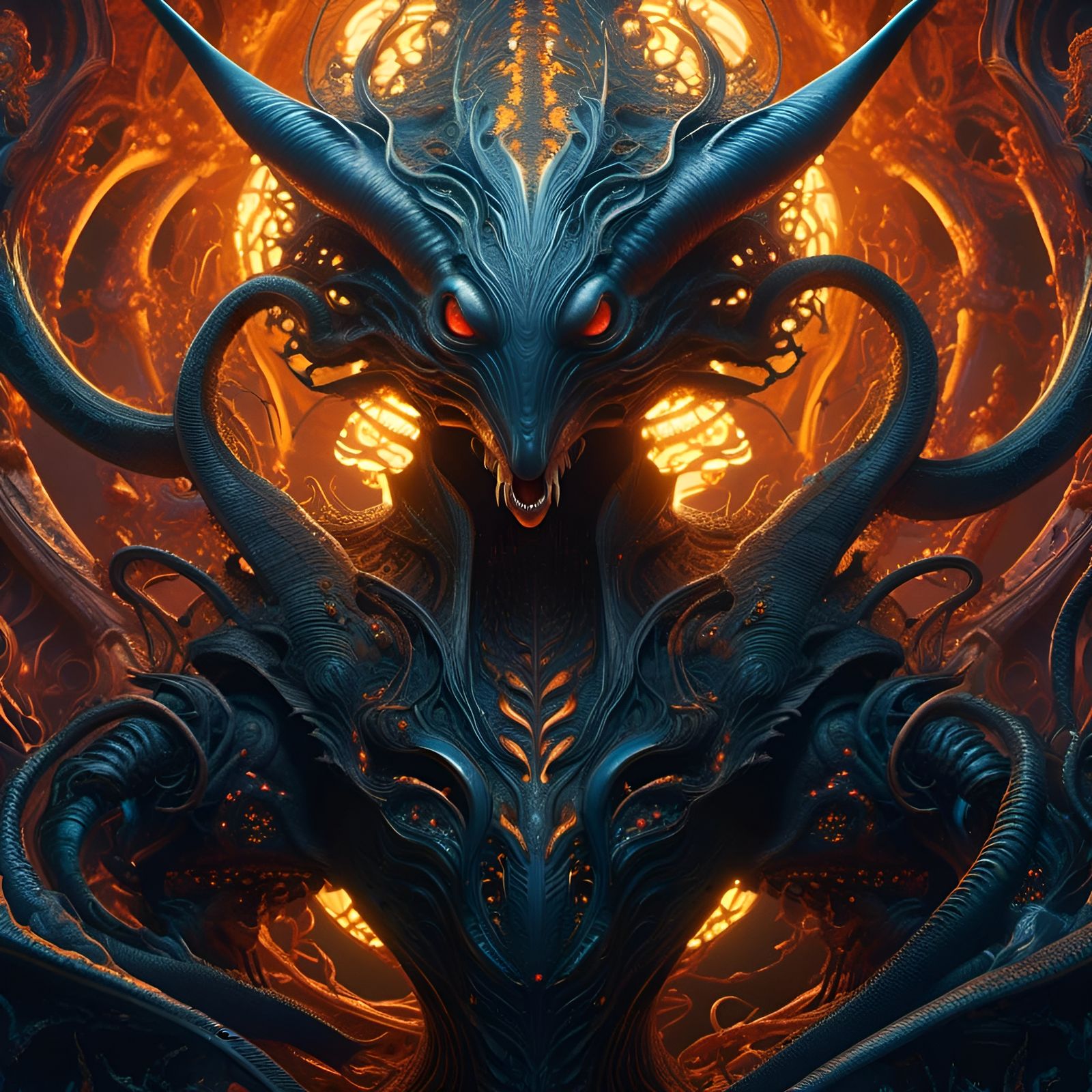 Cthulhu Figures in Ornate Structure: Surrealist Oil Painting