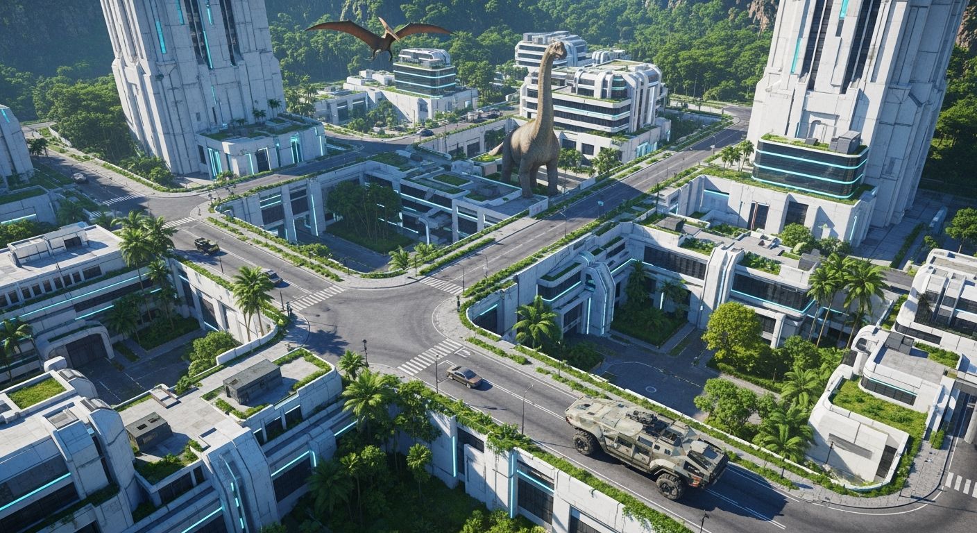 Futuristic Multi-Level City with Dinosaurs and Neon