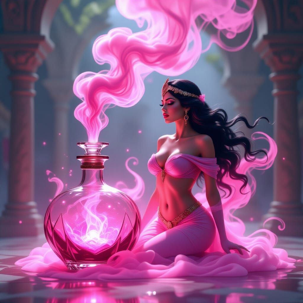 Female Genie Emerges from Crystal Bottle in Fantasy Style