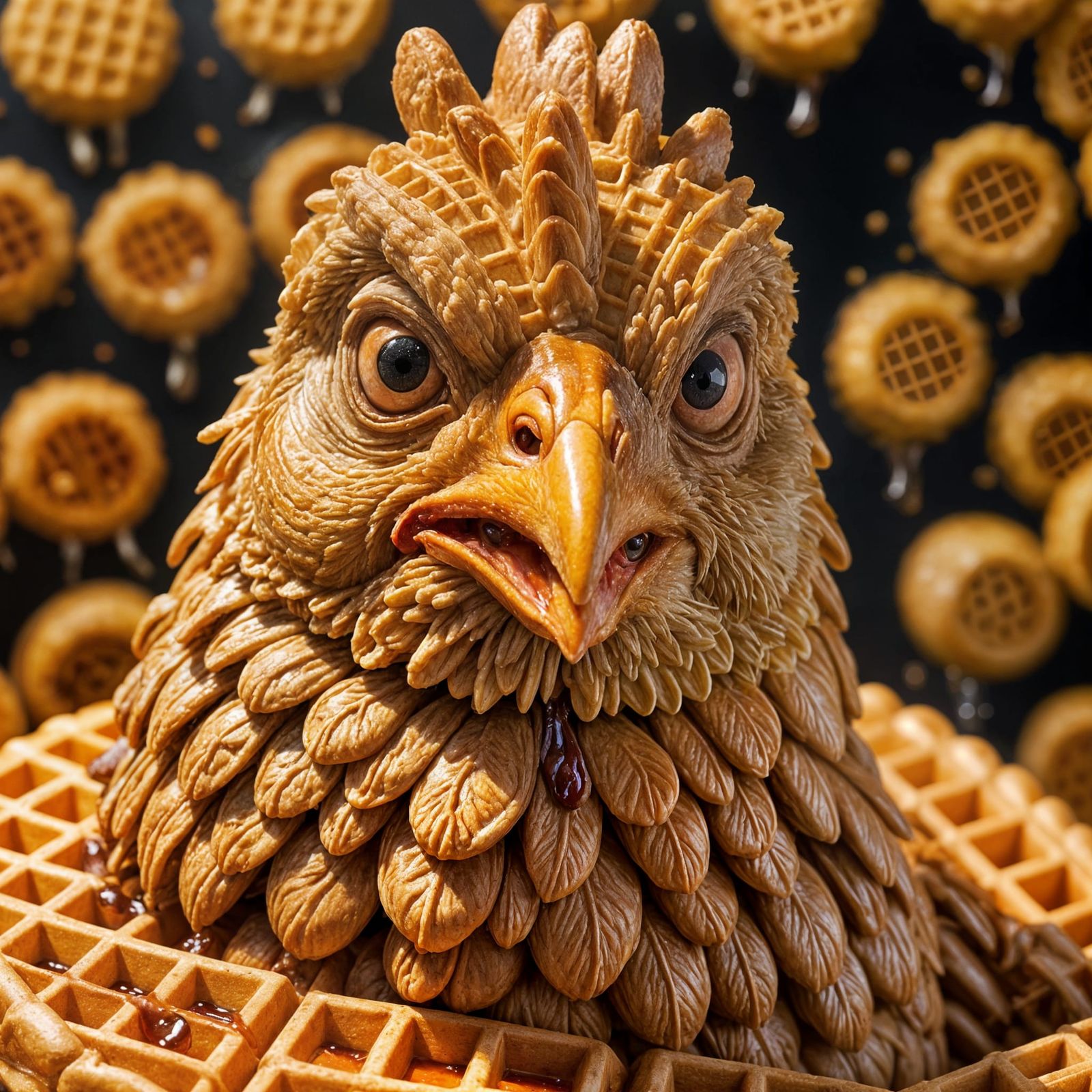 Surreal Breakfast Masterpiece: Waffle Chicken Portrait