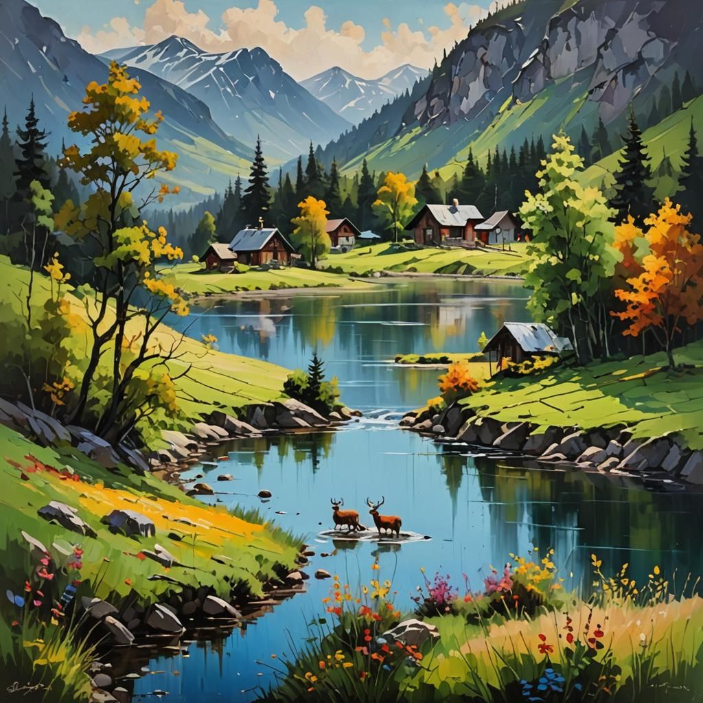 Idyllic Valley Cottage: An Impasto Oil Painting