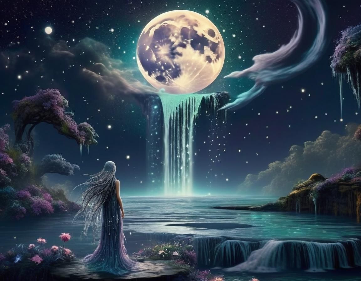 Dreamscape Moon Waterfall in Starry Night Sky