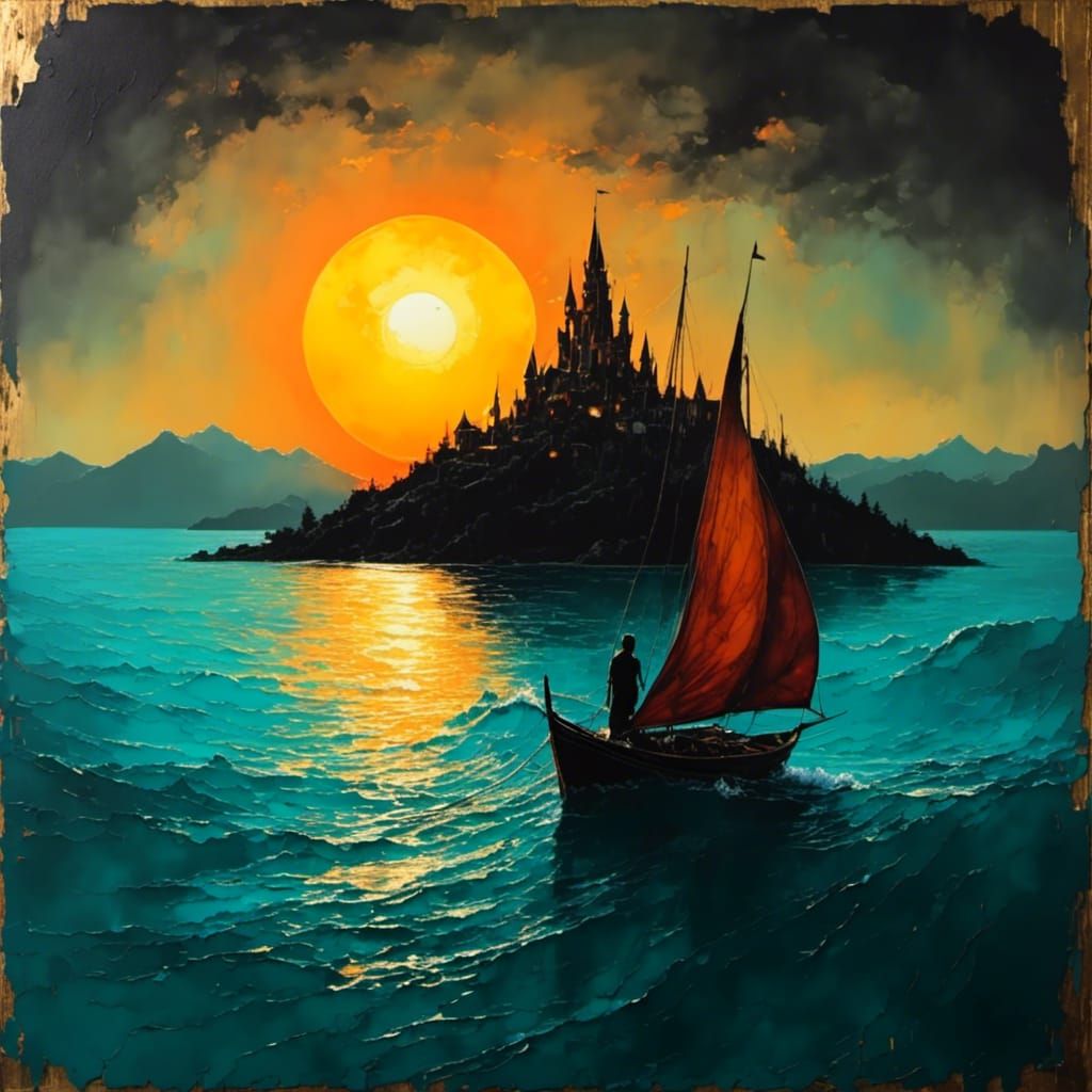 Fantasy Sailboat with Dragon, in Impasto Painting Style