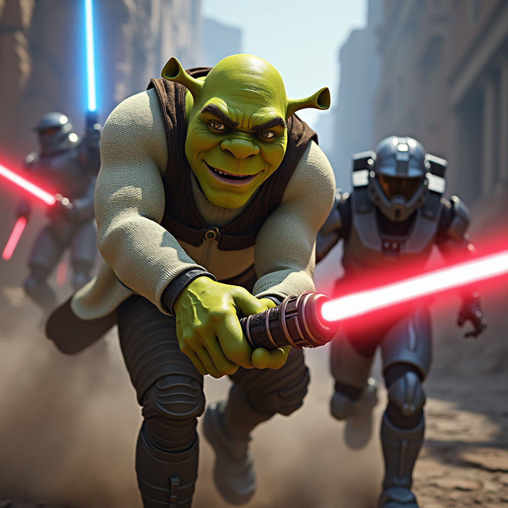 Shrek Wielding Lightsabers in a Fantasy Battle