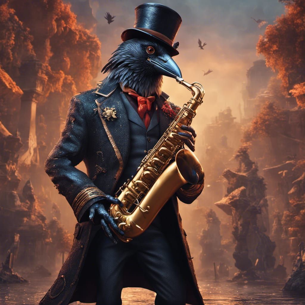 Epic Buff Crow Saxophonist in Detailed Digital Art