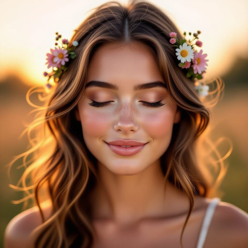 Portrait of Woman with Flowers in Sunset Light