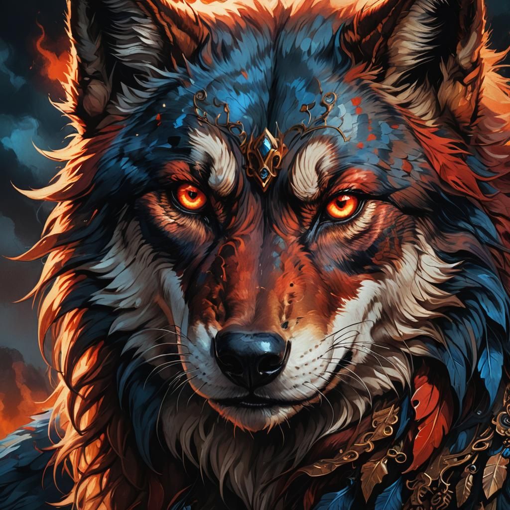 Blood-Red She-Wolf Portrait in Dark Fantasy Style