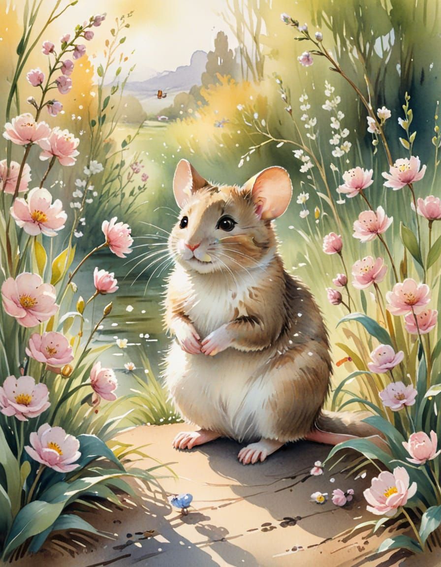 Mouse and Cat in Willow Heart Watercolor