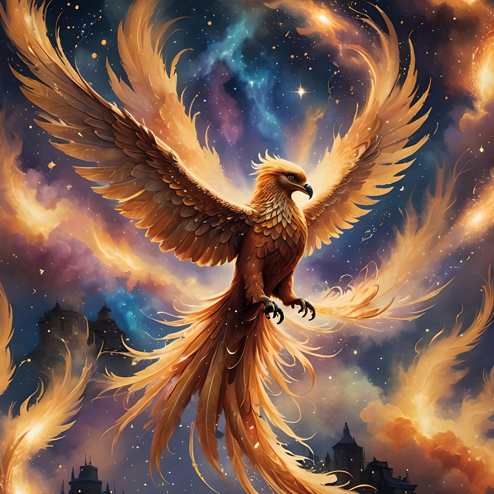Fiery Phoenix Rising: Stardust Feathers in Ethereal Fantasy
