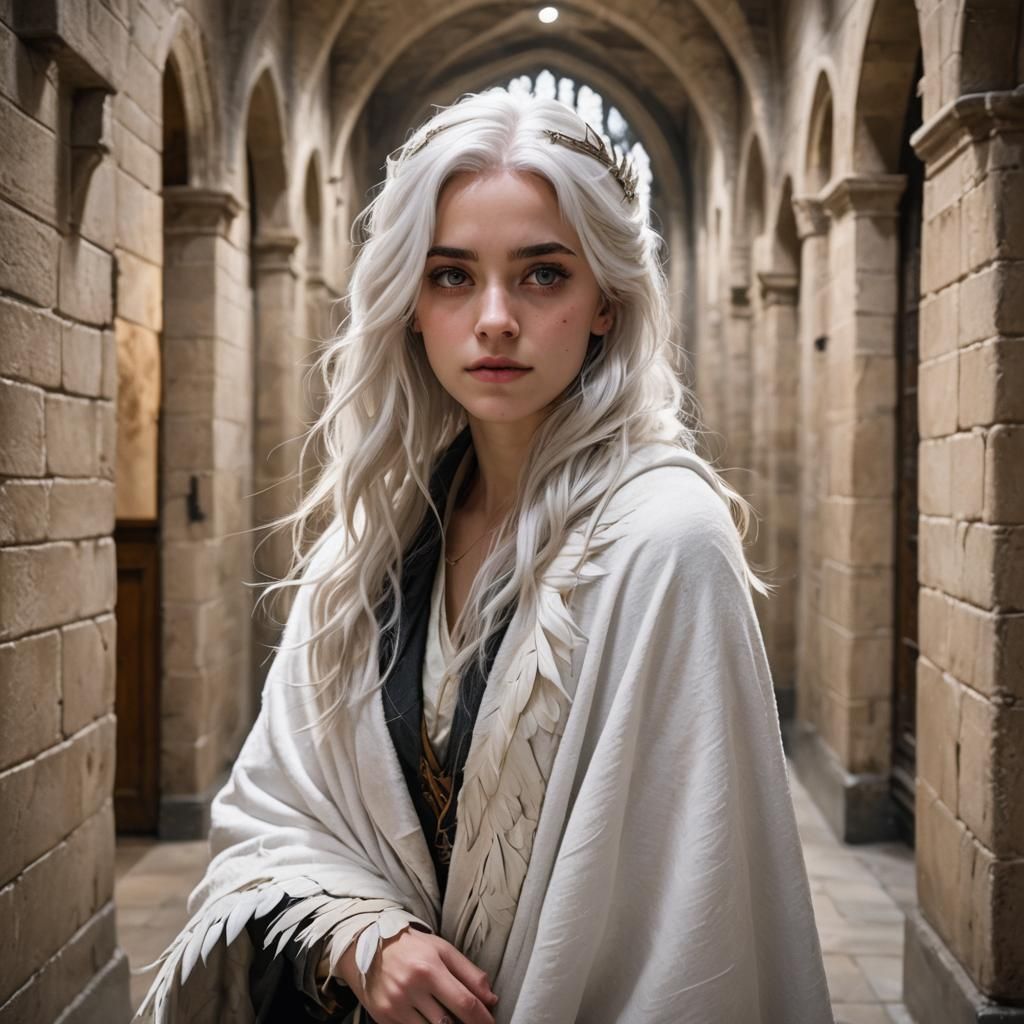 Expressive Girl with White Hair in Hogwarts