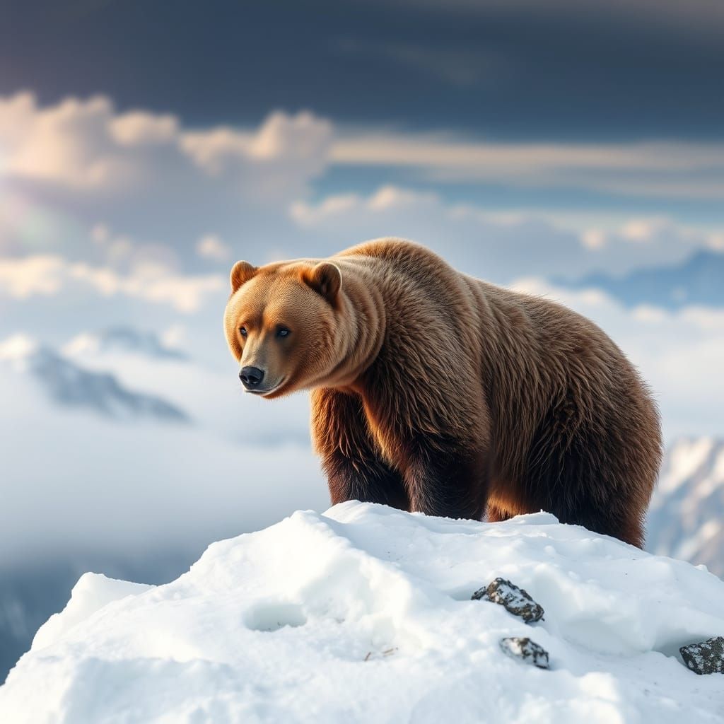 Grizzly Bear on Snowy Peak in Natural Light