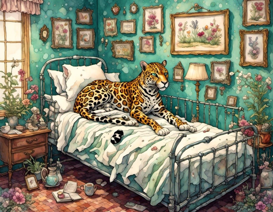 Whimsical Jaguar in Hospital Bed: Digital Illustration