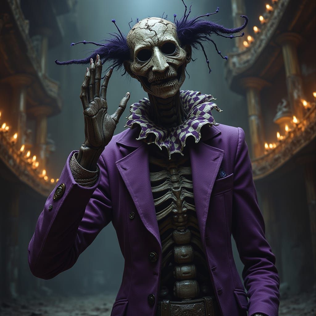 Skeletal Harlequin in Dilapidated Theater: Dark Fantasy Art