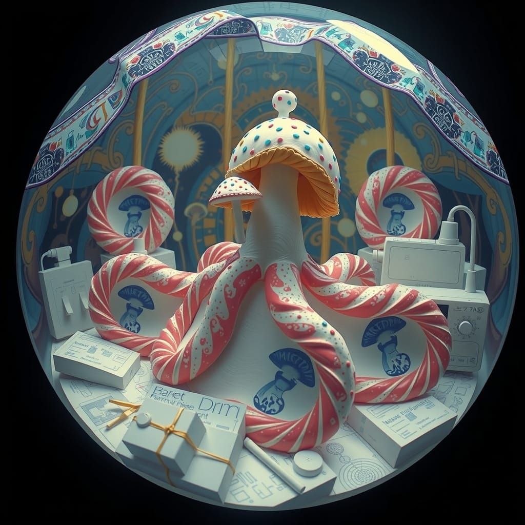 Vibrant Hyperreal Mushroom Scene in Whimsical Mixed-Media St...