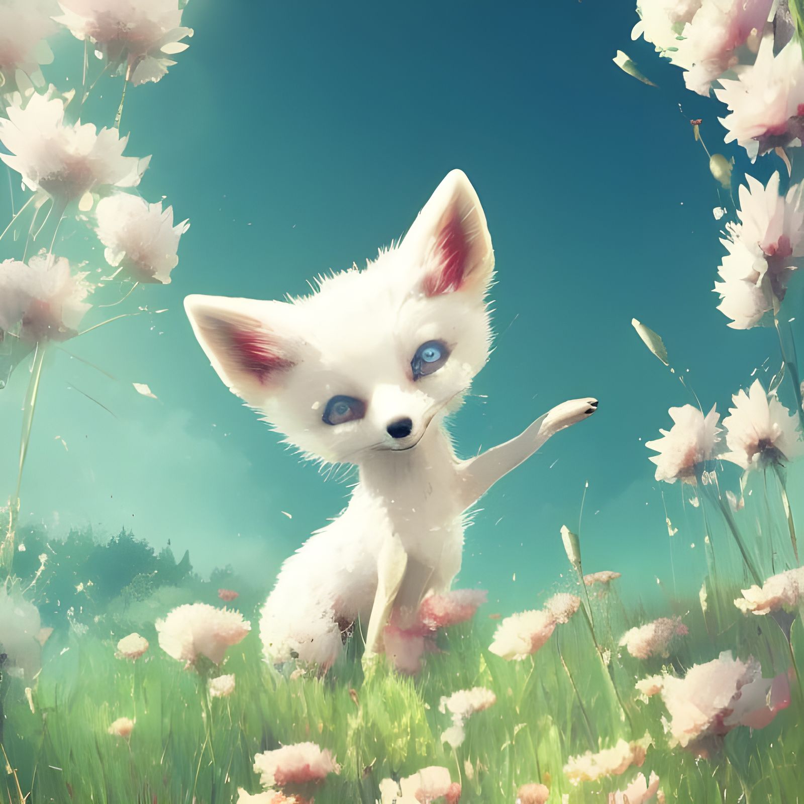 Cute White Fox in Flower Meadow