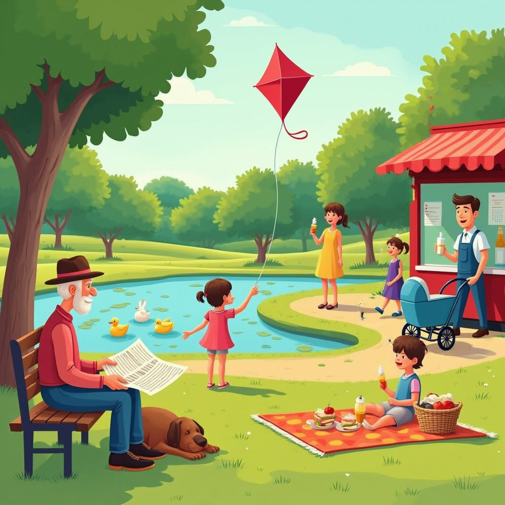 Vibrant Cartoon Park Scene with Joyful People and Animals