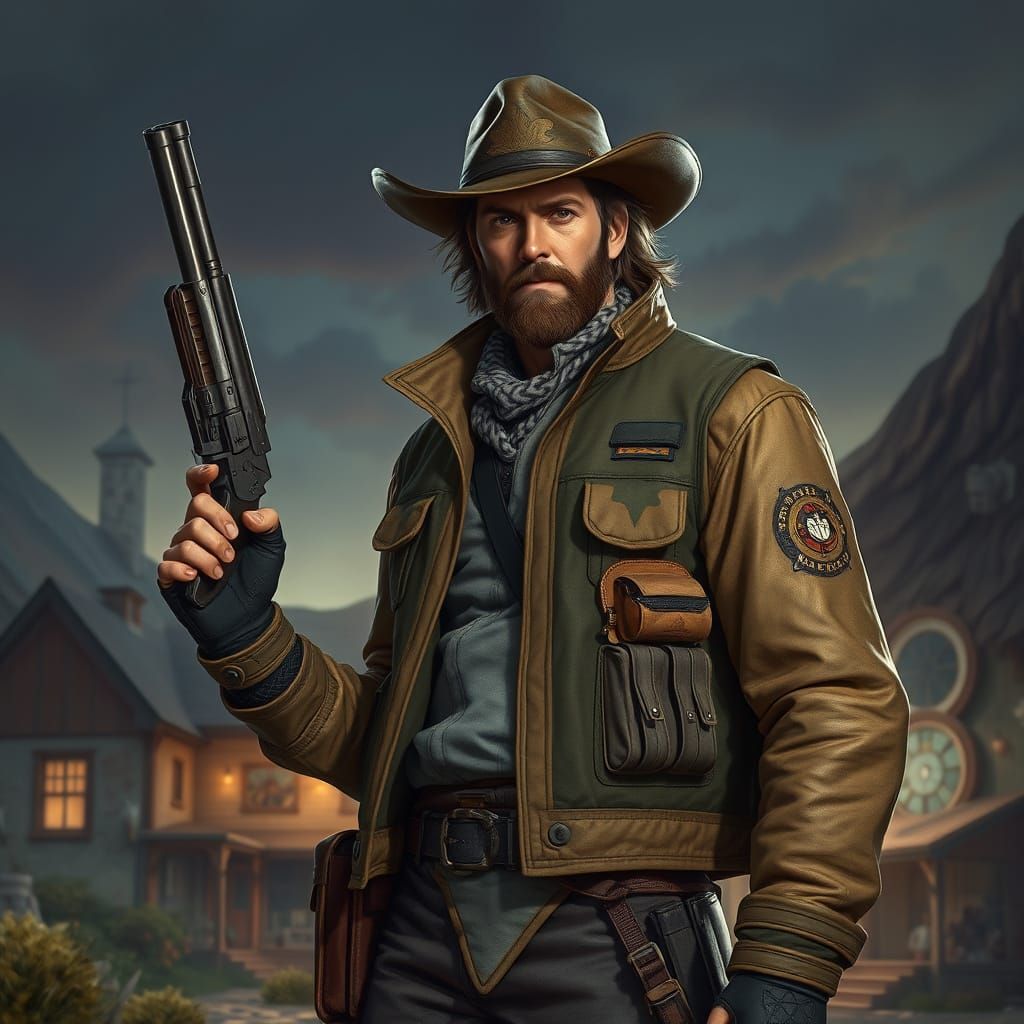 Steampunk Gunslinger in a Quaint Fantasy Town