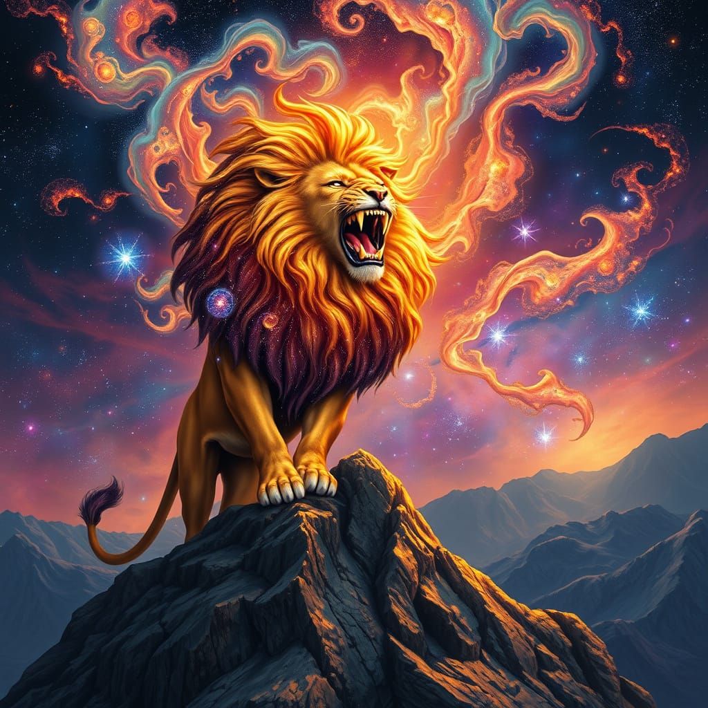 Majestic Lion in Cosmic Auroral Mane, Roaring Amidst Nebulae