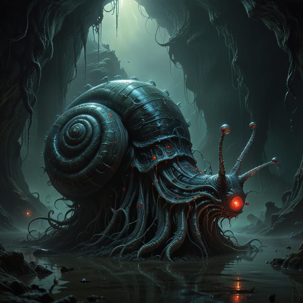 Ethereal Alien Witch Snail in Dark Watery Cave