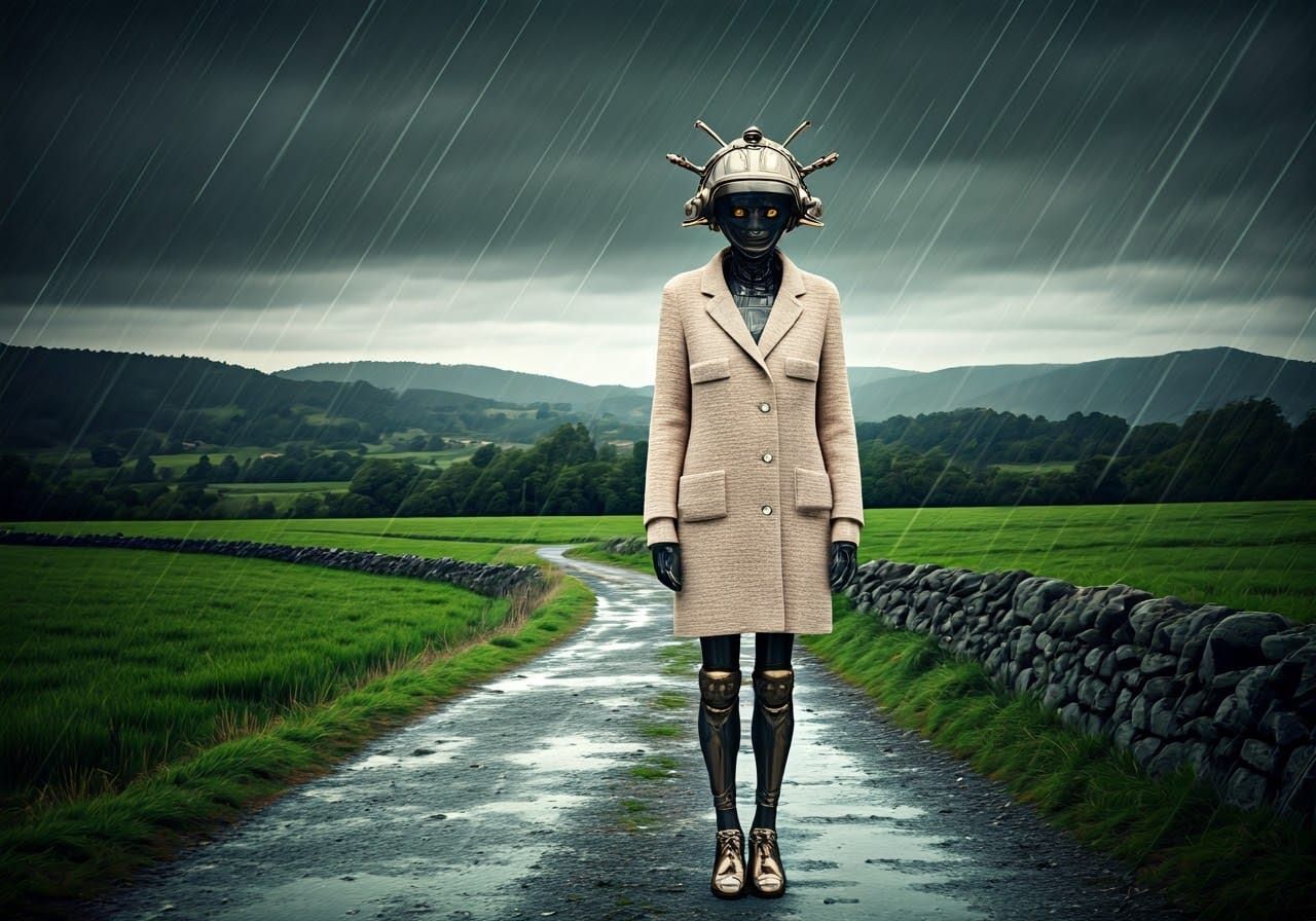 Elegant Robot in Chanel Coat on Rainy Day