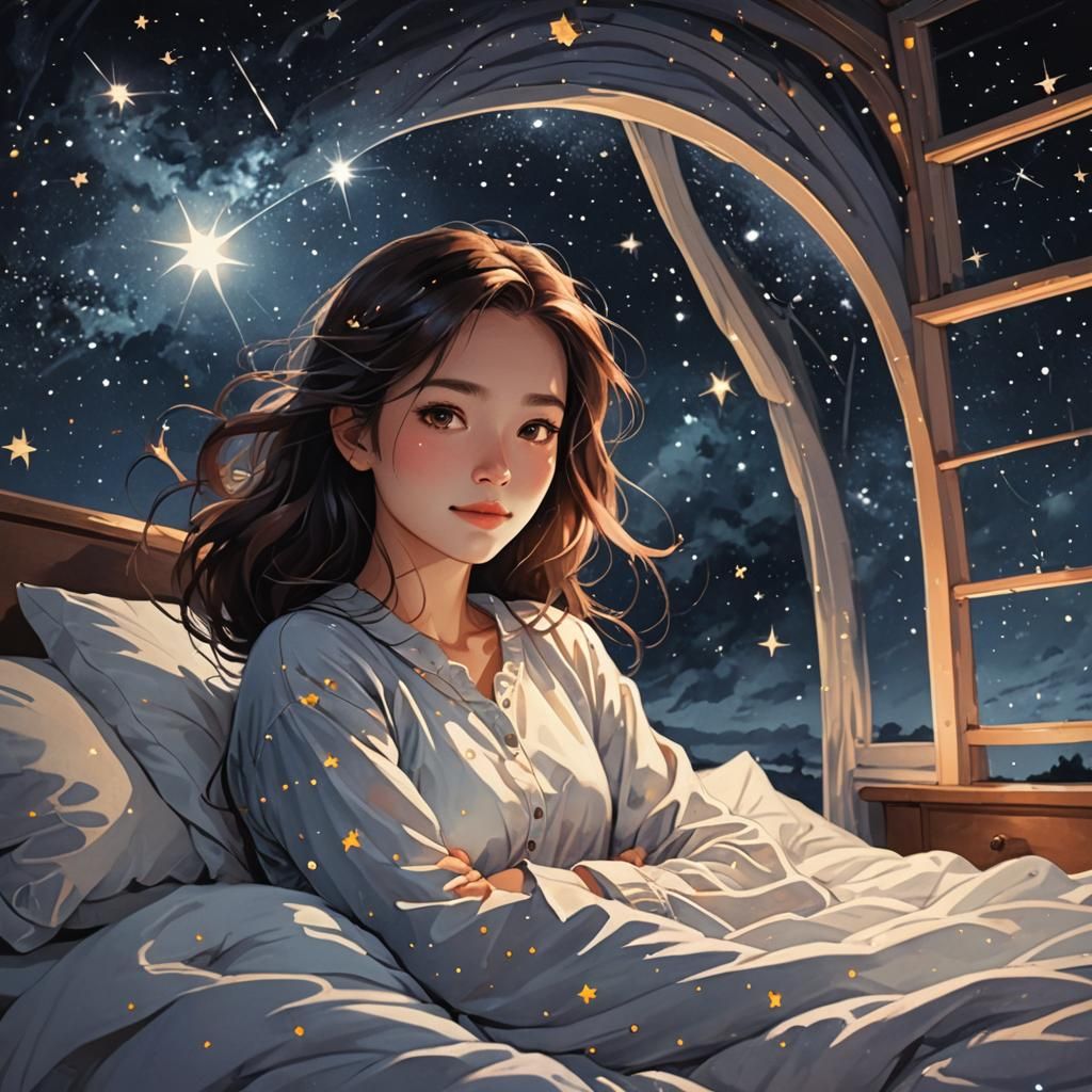 Girl Dreaming Under a Gleaming Night Sky