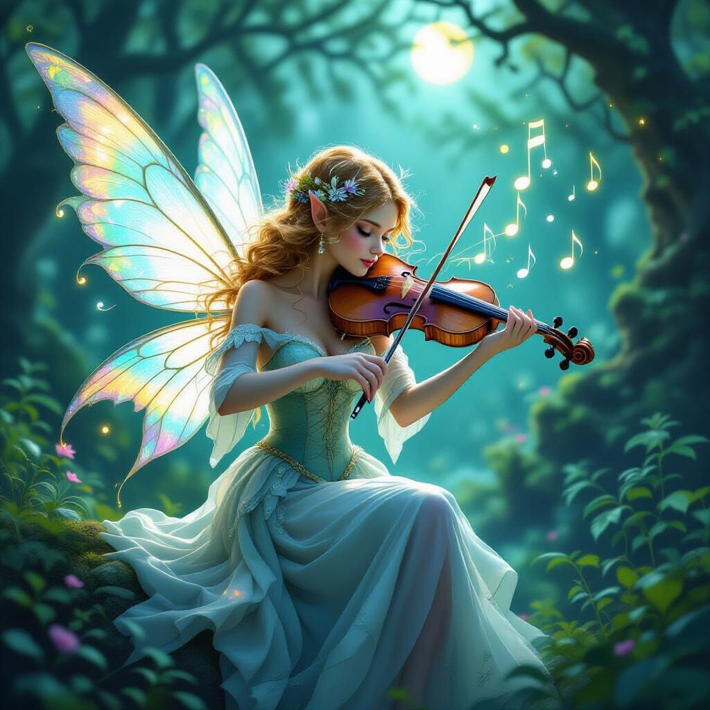 Iridescent Fairy Plays Violin in Enchanted Forest