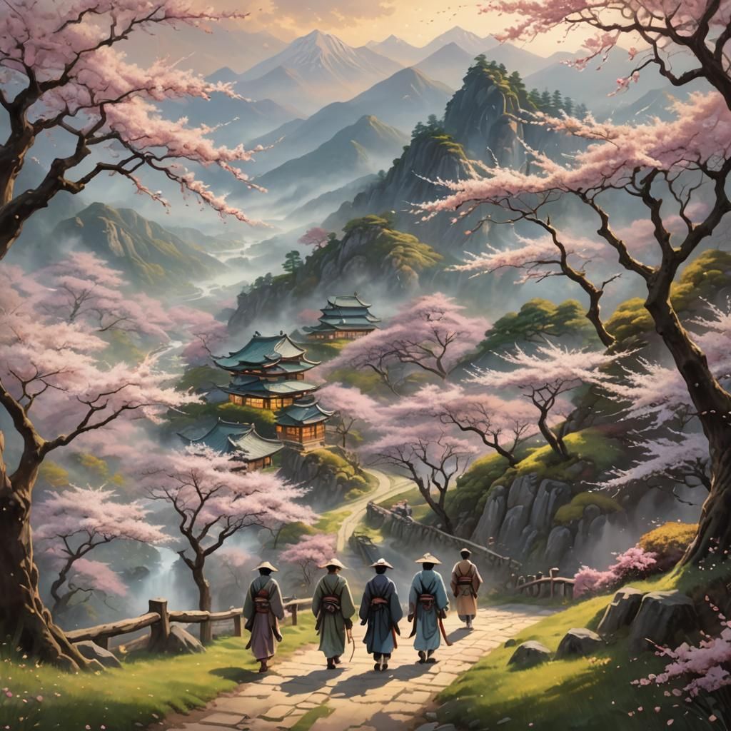 Ancient Japanese People in Misty Cherry Blossom Landscape
