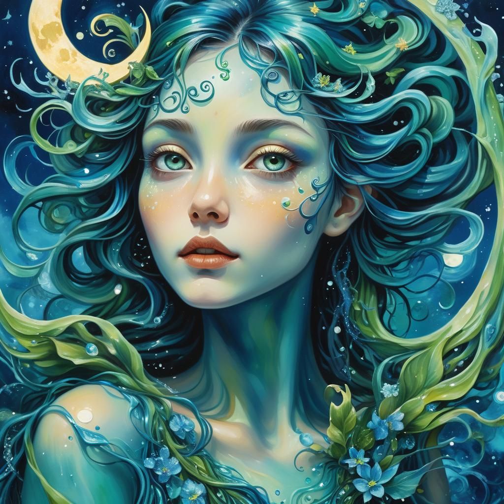 Moon Fairy Portrait with Swirling Aquatic Elements
