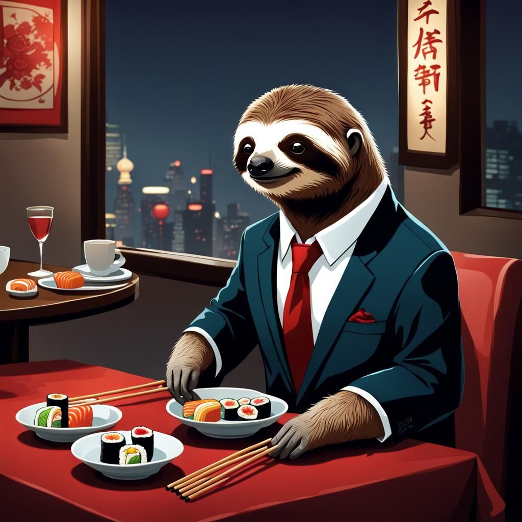 A Cute sloth wearing  a suit and tie, eating sushi at a Chinese restaurant, dim light, digital art highly detailed