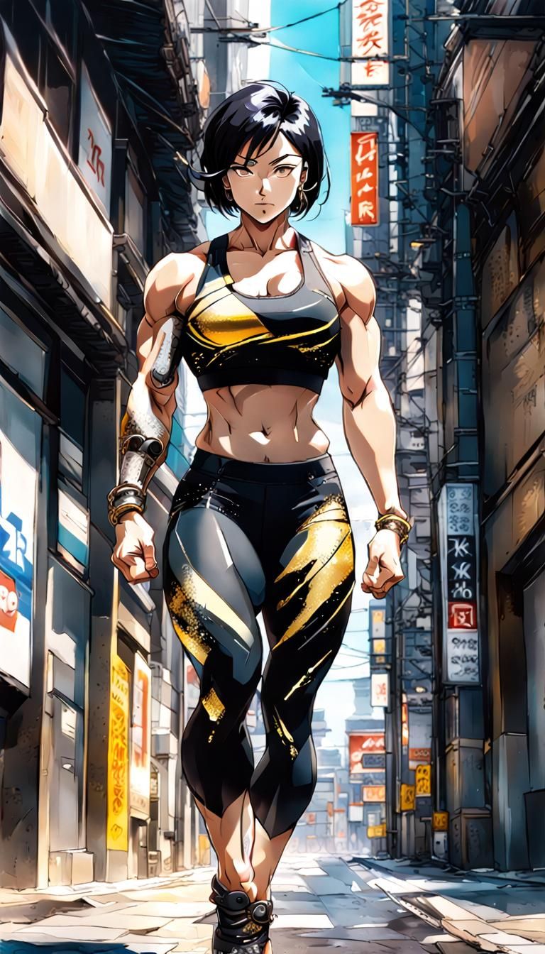 Anime-Style Portrait of Female Bodybuilder in Jojo Style