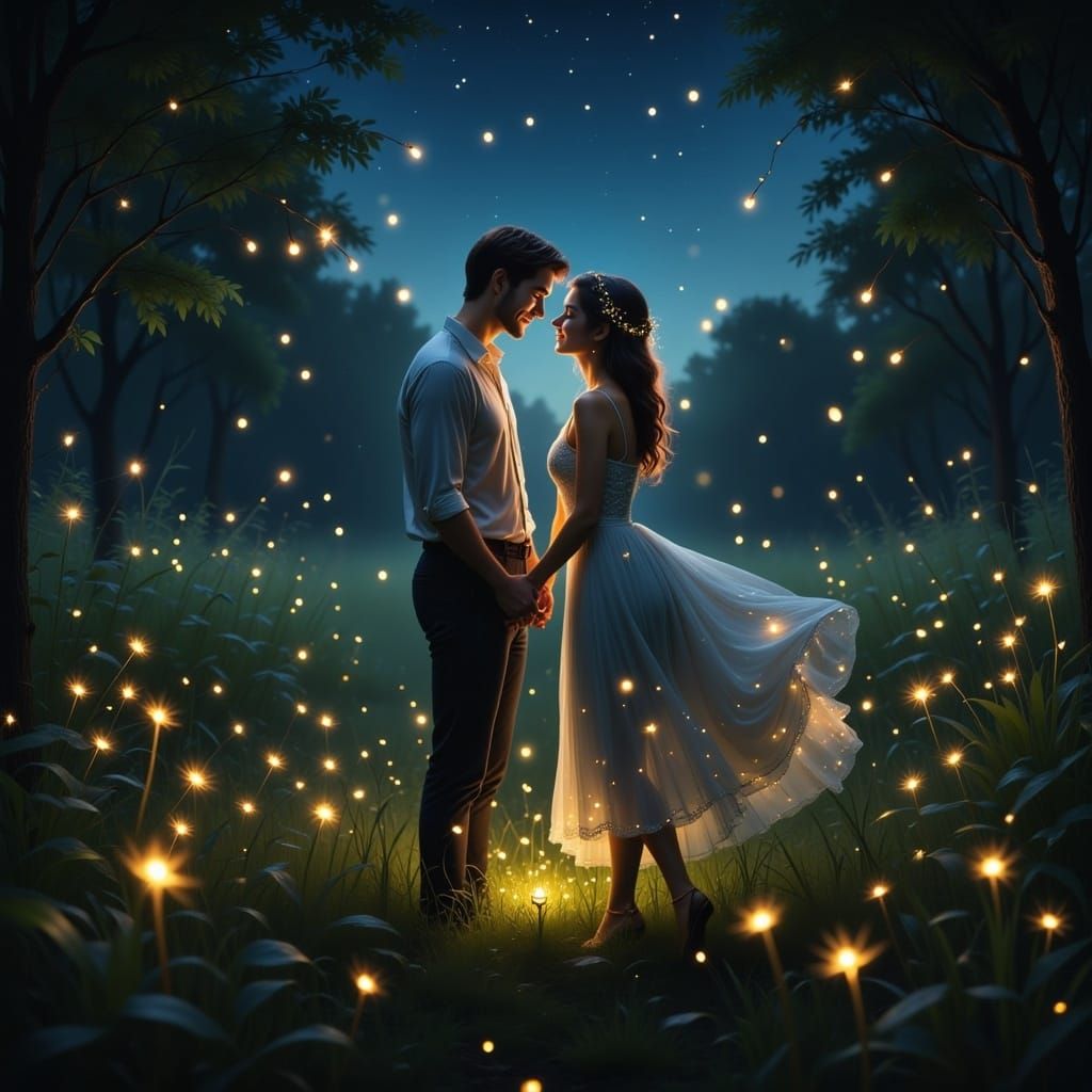 Magical Firefly Dance: A Romantic Night Scene