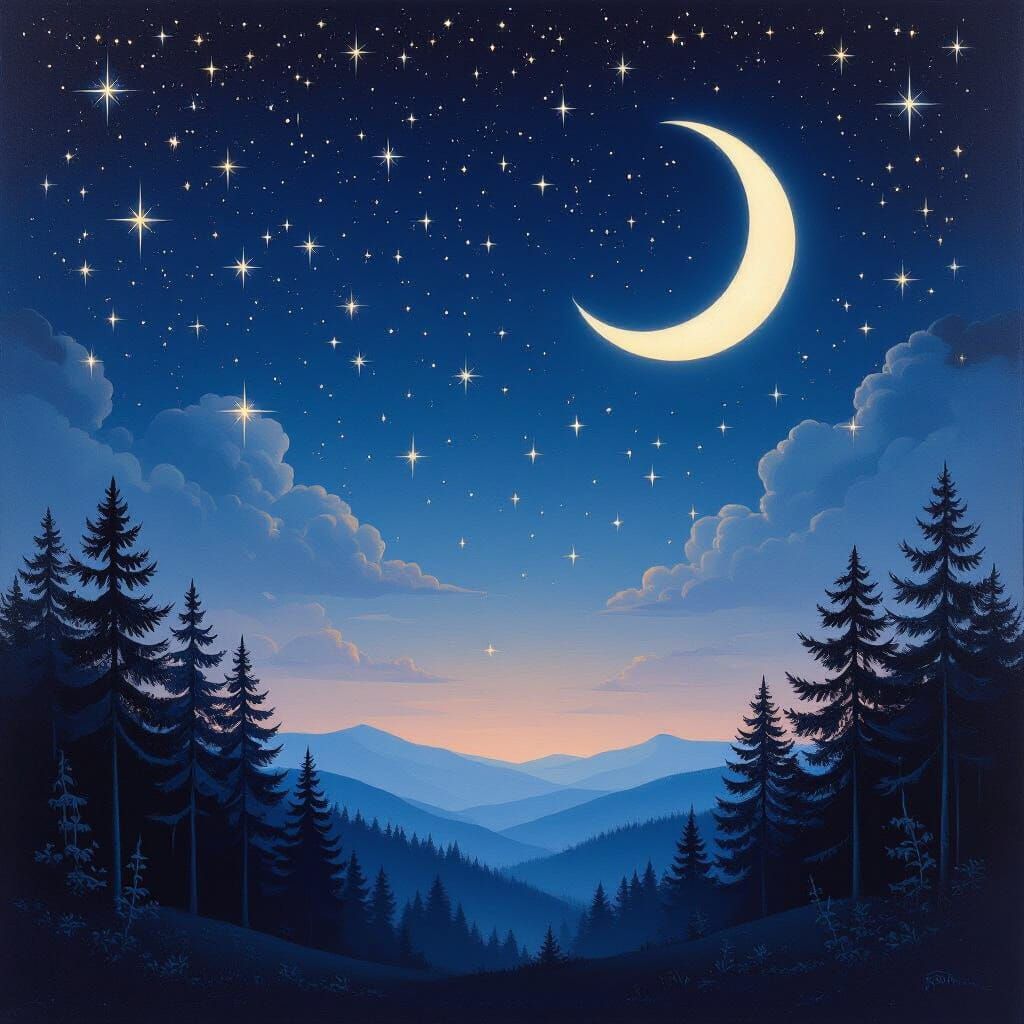 Surrealist Night Sky Over Dark Forest