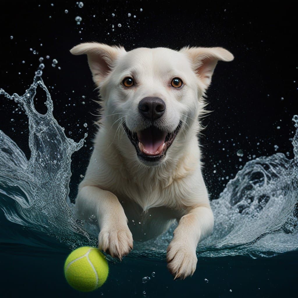 Diving Dog in Splashing Water, High-Speed Portrait