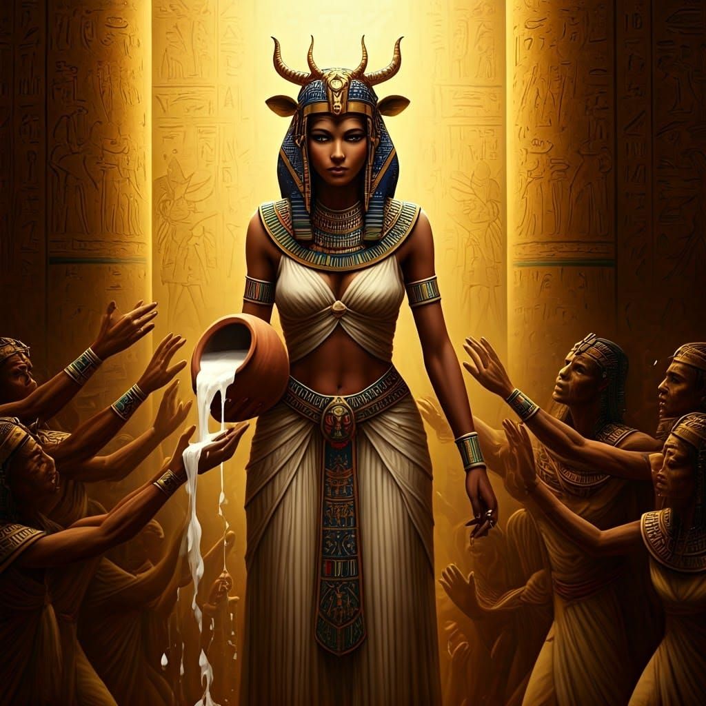 Hathor: Regal Woman Offers Milk in Ancient Egypt