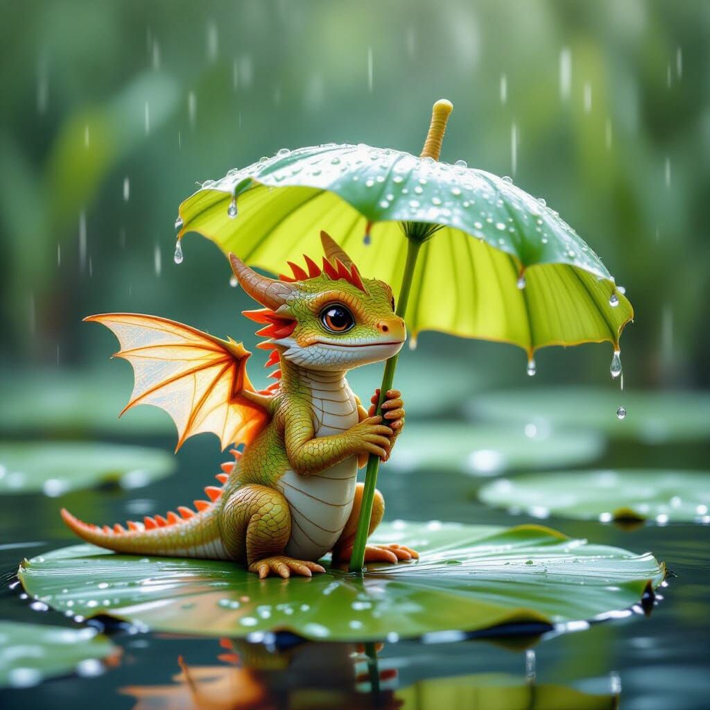 Dragon Hatchling Sheltering From Summer Rain