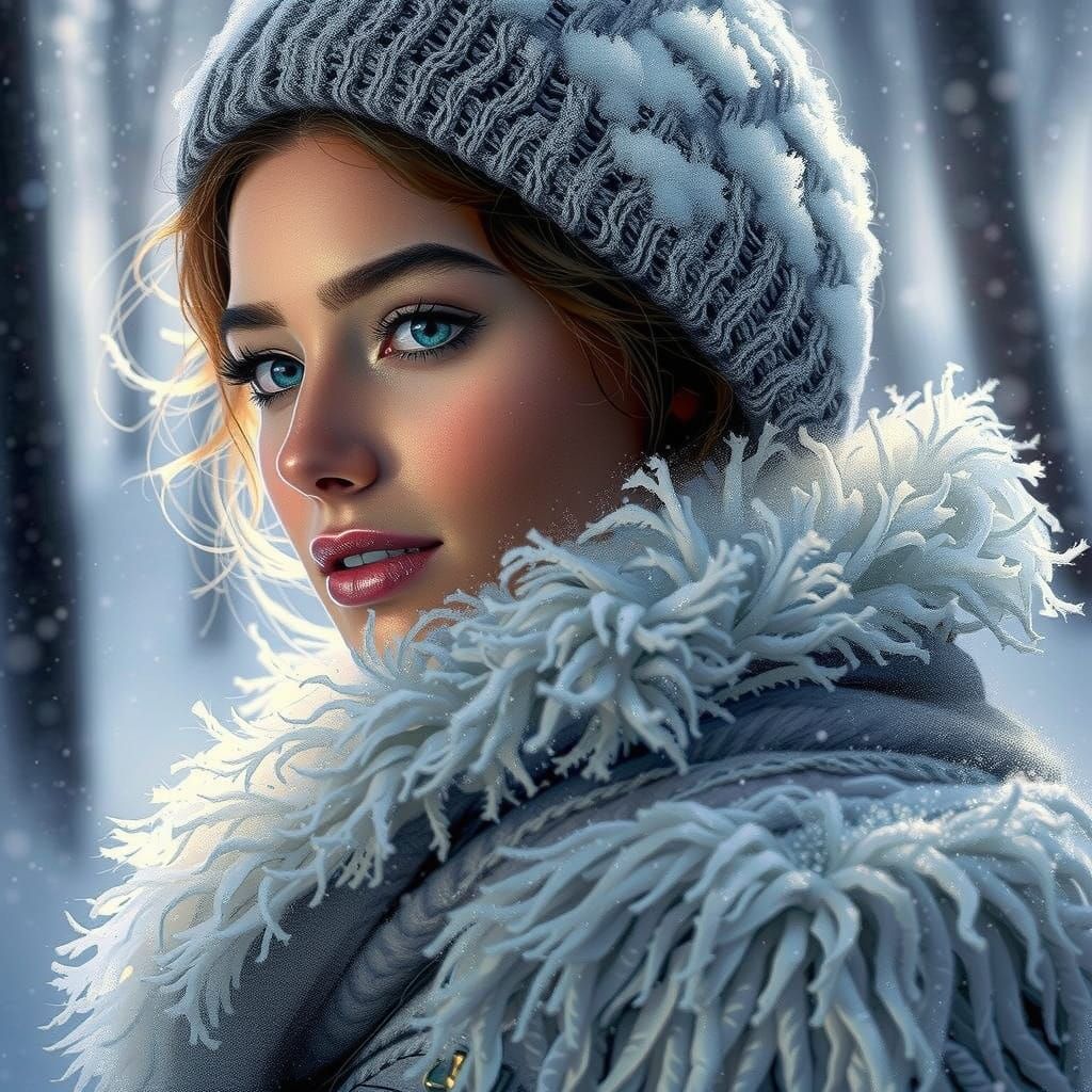 Melancholic Woman in Snowy Forest, Expressive Portrait