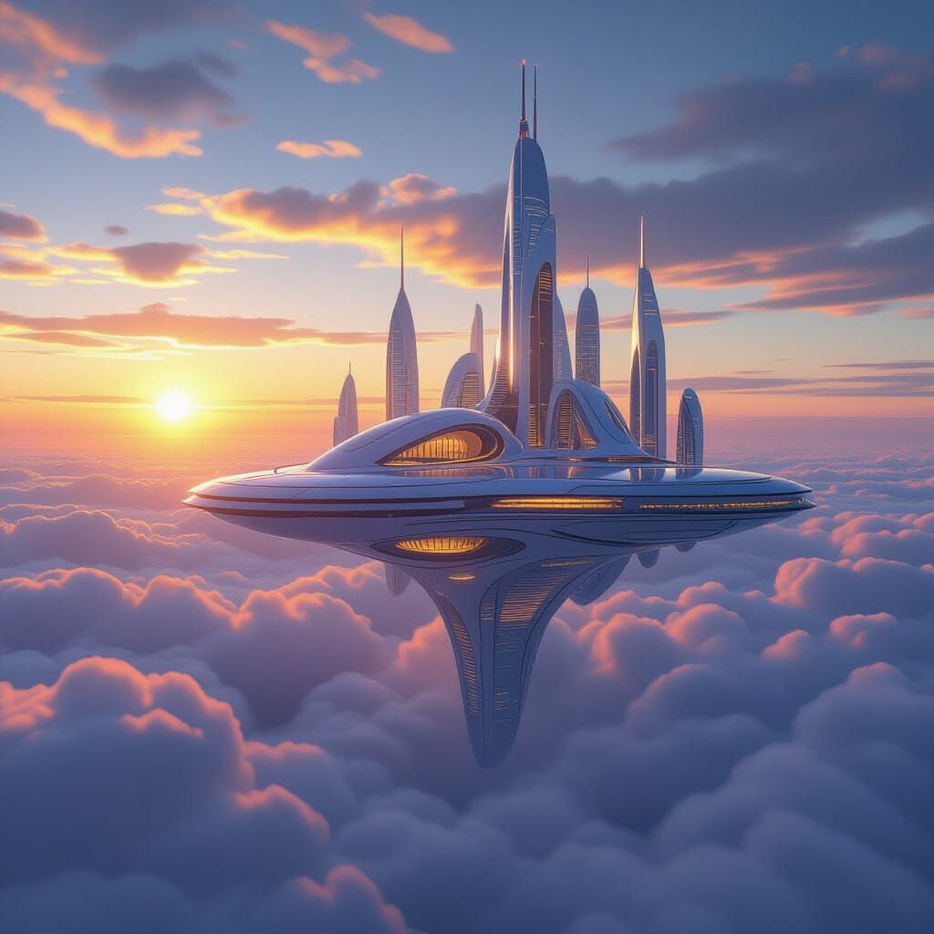 Futuristic Cityscape Above Clouds at Sunrise, Syd Mead Inspi...